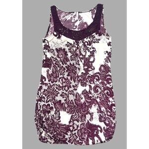 Studio Y Tank Top Women’s L Purple Lace Print V-Neck Beaded Boho Festival Top